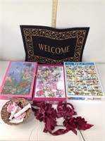Welcome mat, puzzles, craft supplies, ribbon