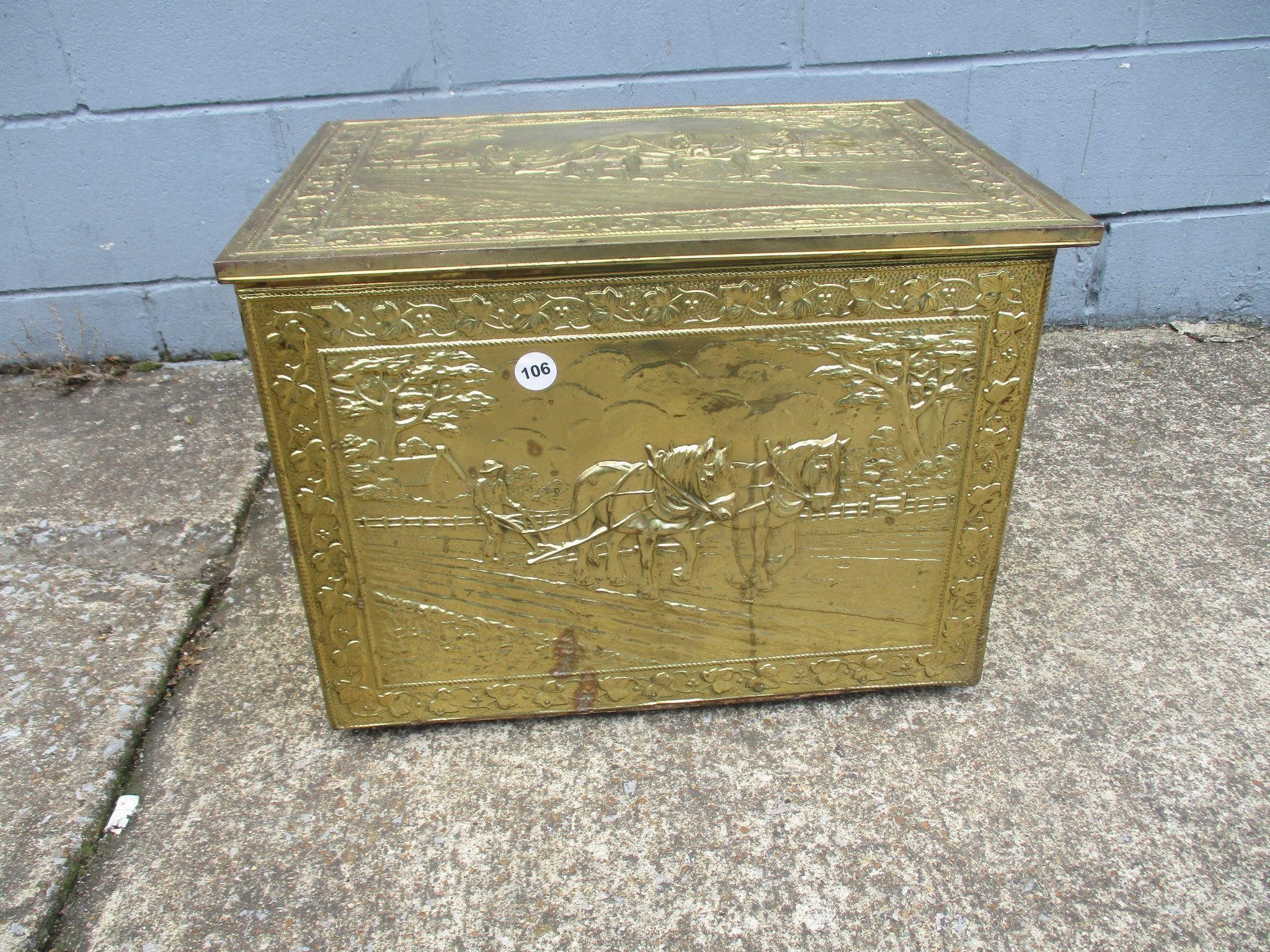 Vintage Brass Horse & Wagon Trunk 14x15x20"