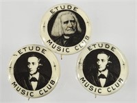 3) CELLULOID ETUDE MUSIC CLUB PINBACK BUTTONS