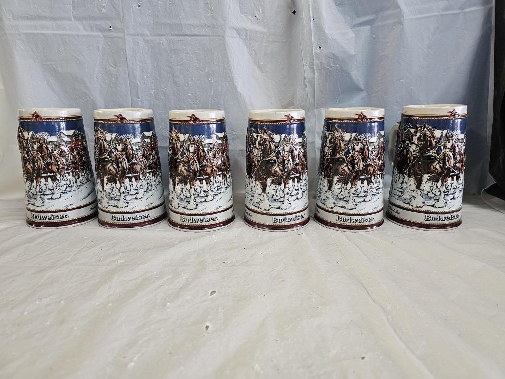 6 Budweiser 1989 Holiday Collector's Steins