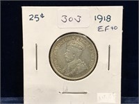 1918 Canadian Silver 25 Cent Piece  EF40
