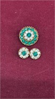 Green Rhinestone Broach Pin and Earring Set