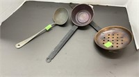 (3) vintage kitchen utensils, ladles and strainer
