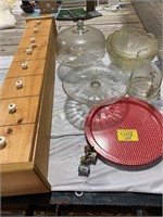 WOODEN CD RACK, CAKE STAND, PRESSED GLASS, METAL