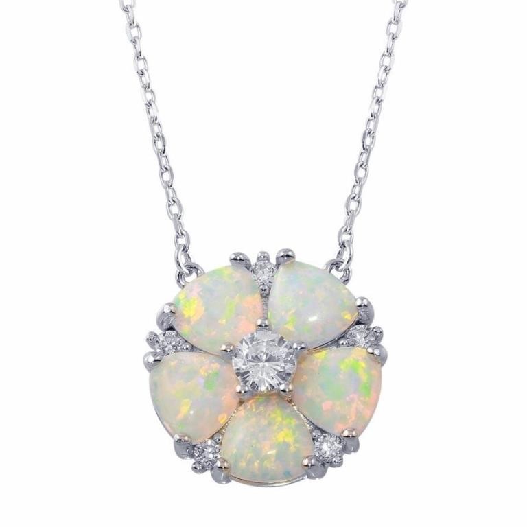 Sterling Silver Opal Crystal  Flower Necklace