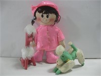 Plush Pink Rain Coat Doll W/Two Vtg Dogs See Info
