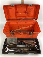 Orange Tool Box and assorted wrenches and socket