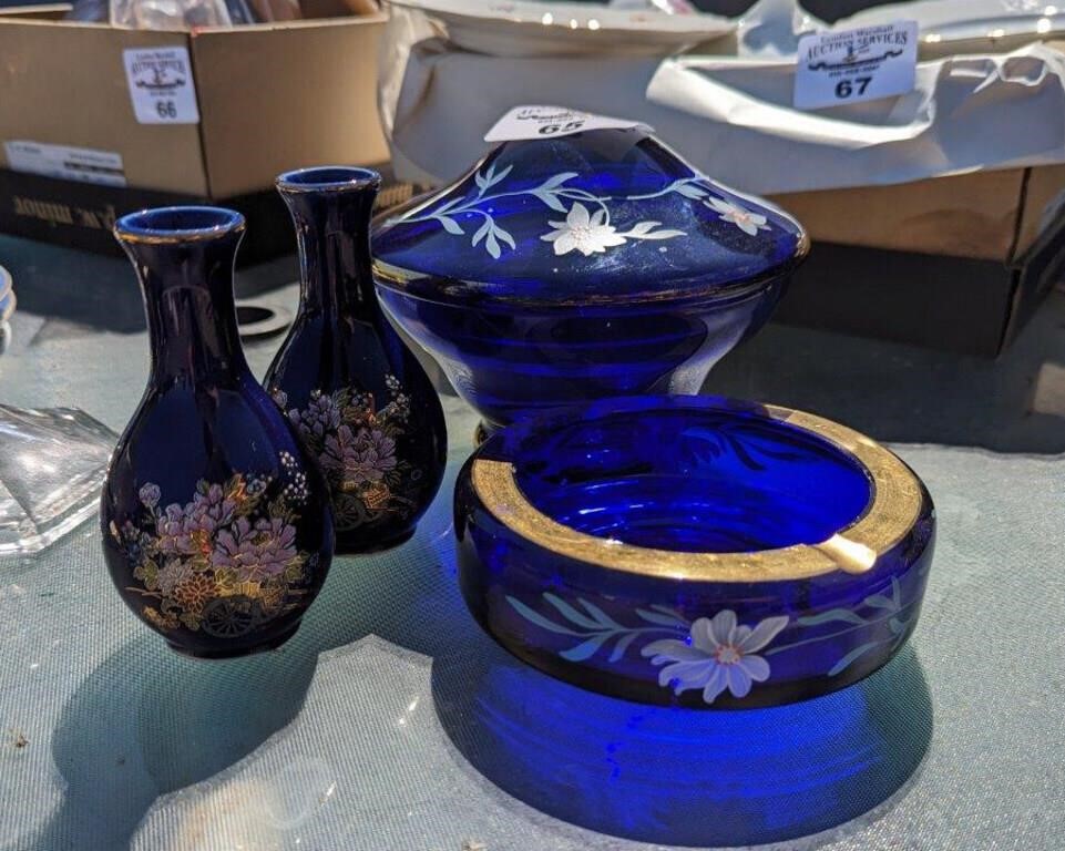 Cobalt blue covered bowl, ash tray & Vases
