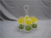6 Vintage Yellow Tulip Glasses W/Metal Carry Caddy