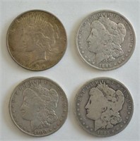 Lot of 3 Morgan and 1 Peace Silver Dollars