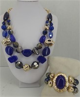 Blue & Gold Beaded Necklace & Bracelet