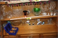 2 shelves misc glassware, etc