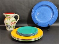 Colorful Plastic Plates & Ceramic Painter Pitcher