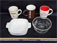 Corningware Dish/ANCHOR Bowl & TIM HORTONS Mugs