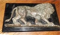 Bronze figural lion on wooden plaque 15” x 9”
