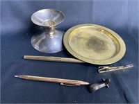 Cross Pens, Brass Plate & Silverplate Candle