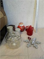 Snowflake trivet, glass pumpkin candy jar, metal