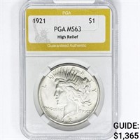 1921 Silver Peace Dollar PGA MS63 High Relief