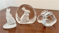 3 Pc Mixed Bunny Decor / Paperweight Glass &