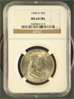 US Coins 1948-D Franklin Half Dollar MS64FBL NGC