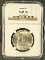 US Coins 1948-D Franklin Half Dollar MS65FBL NGC
