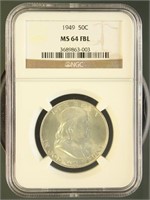 US Coins 1949 Franklin Half Dollar MS64FBL NGC