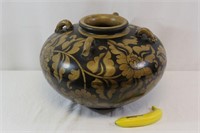 Large Ceramic Brown & Black Floral Vase