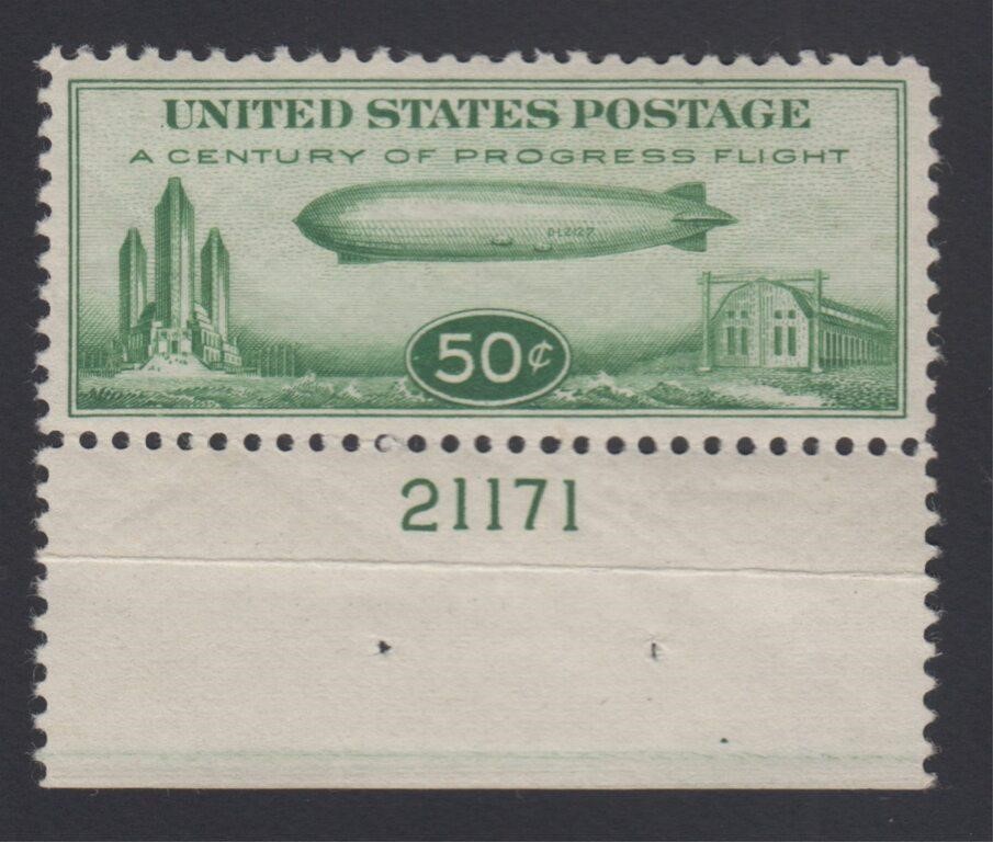 US Stamps #C18 Mint NH plate number single, crease