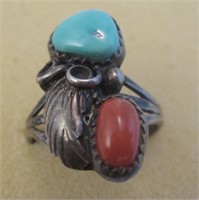 Sterling Silver, Coral & Turquoise Ring - Tested