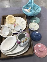 ASSORTED CROCK DISHES, EGG PLATE