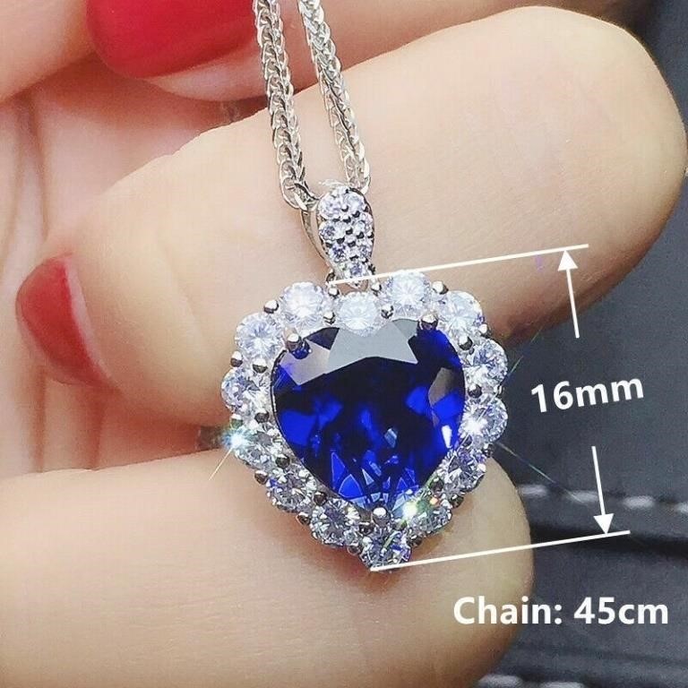 Heart 925 Silver Plated Necklace Pendant Blue zir