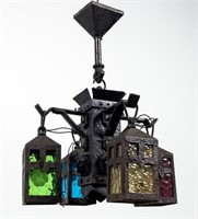 Arts & Crafts Wrought-Iron Monk Heads Chandelier