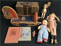 antique dolls, skate box, etc