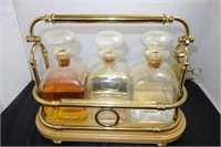 DECANTER SAFE WOOD BASE, BRASS RAIL, 3 DECANTERS