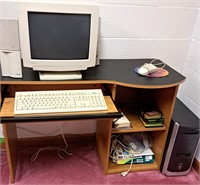 VINTAGE COMPUTER SCREEN DESK AND ACCESSORIES LOT
