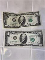 2 Sequential $10.00 Bills