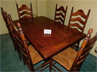 PINE TRESTLE STYLE TABLE & 6 RUSH BOTTOM CHAIRS