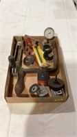 Gauge, sander, saw blades, hook, tape measure