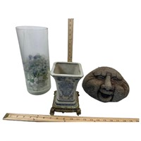 Vintage Decor Lot: Marbles, Vase, Face Stone
