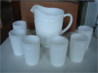 Hobnail pitcher and 6 glasses
