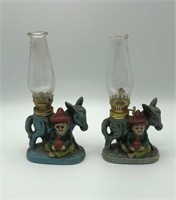 Pair 1950s Donkey Farmer Oil Lamps