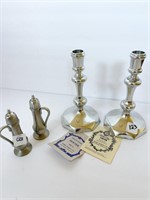 PEWTER CANDLESTICKS AND SALT AND PEPPER SHAKERS
