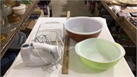 Pyrex bowls, glass casserole dish, mixer