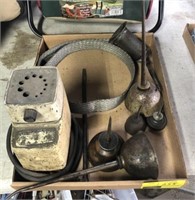 Tray lot of oil cans and drill bit sharpeners