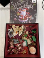 BOX OF MISC. CHRISSTMAS RELATED ITEMS PINS & MISC