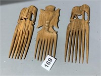 HAIR COMBS CARVED ELEPHANTS IN 3 DIFFERENT CARVED
