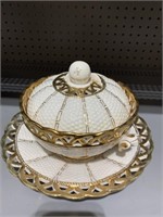 ITALY GOLD AND WHITE PORCELAIN BOWL AND LINER