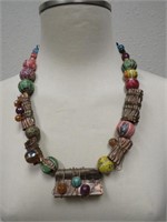 HANDMADE STRUNG COPPER GLASS & CLAY BEAD NECKLACE
