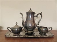 Silver Plate Teapot, Sugar, & Creamer Set W/ Tray