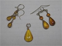 Amber Pendant & Two Pair Amber Earrings